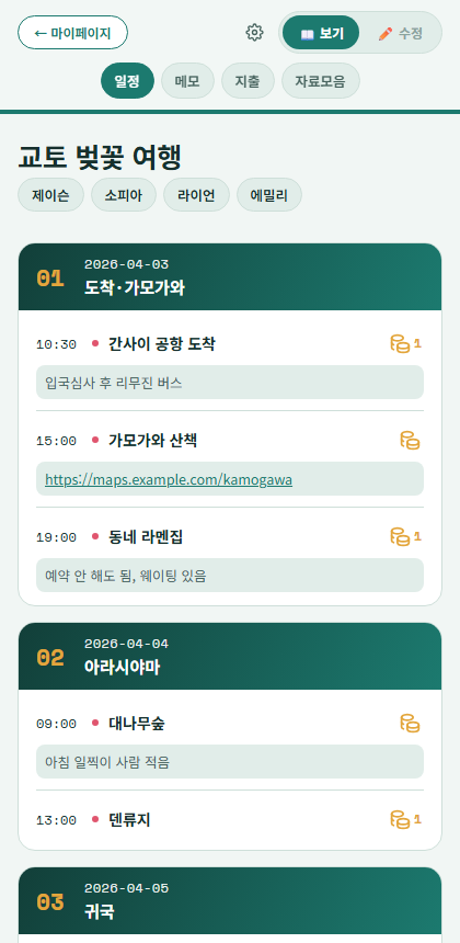 날짜별 일정 화면